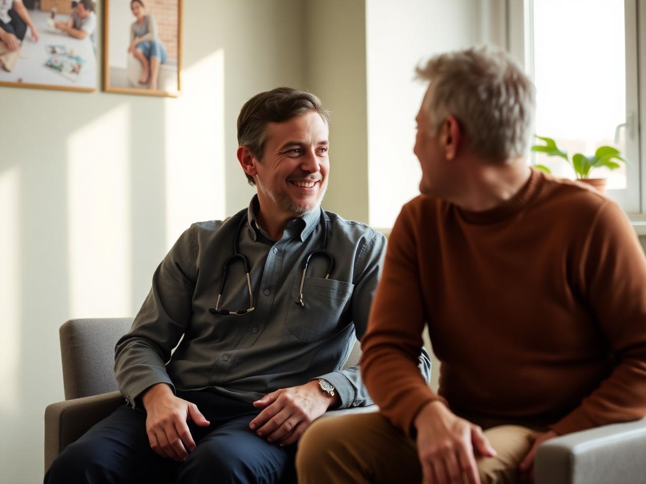 A patient and physician in a calm, friendly consultation