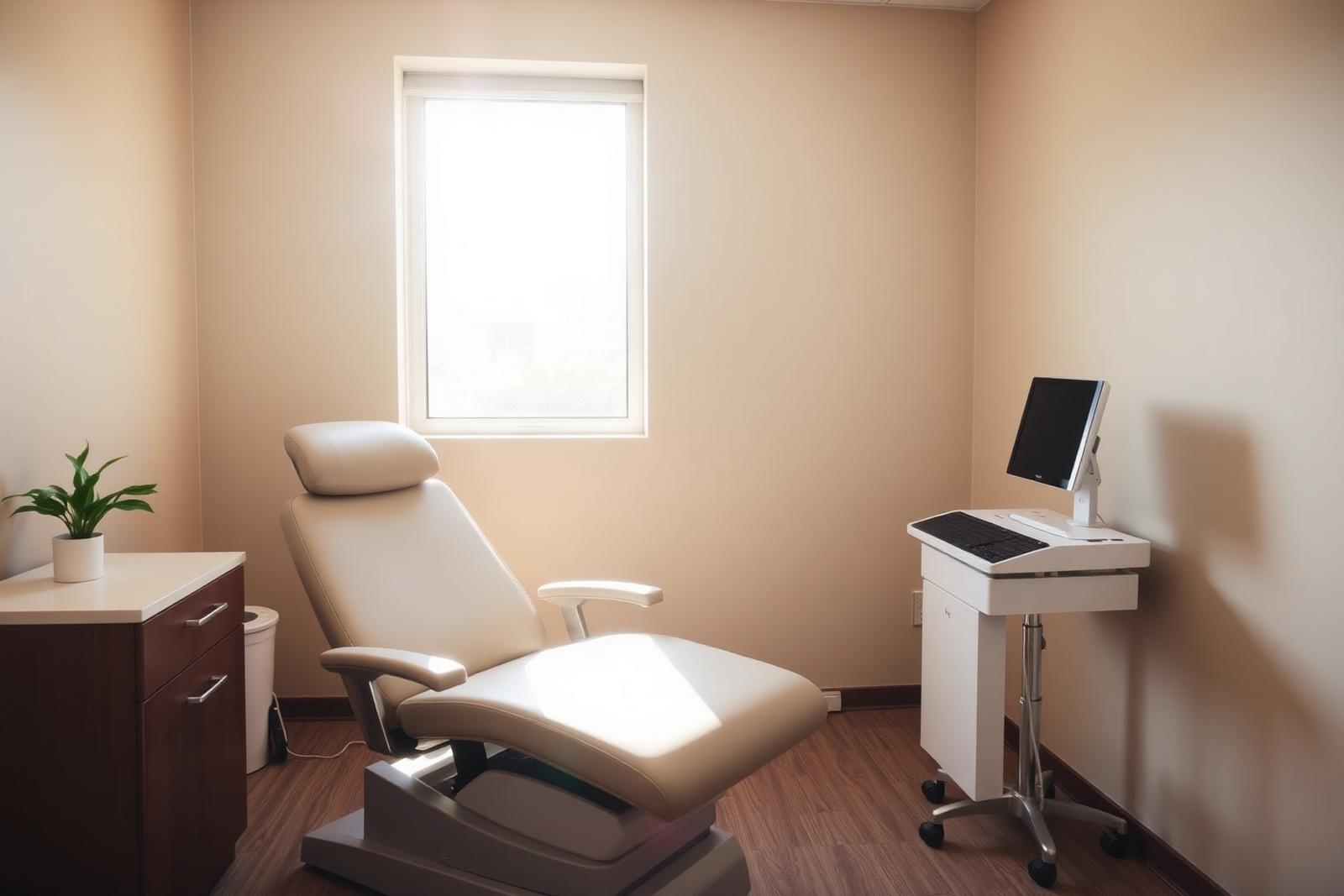 Calm, sunlit NeuroStar TMS treatment room with a comfortable chair