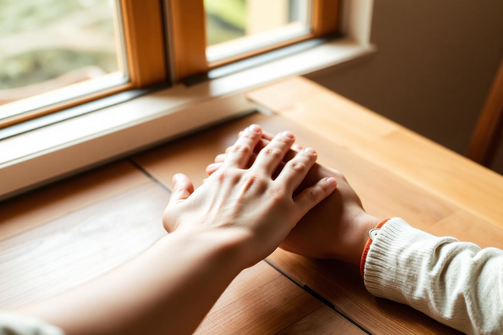 Two hands gently holding each other across a sunlit table