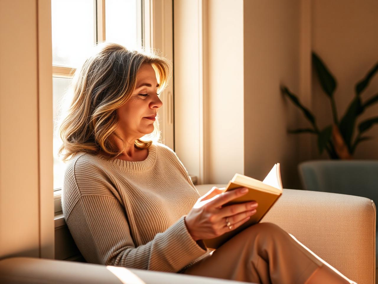 A woman reading peacefully by a sunlit window at home