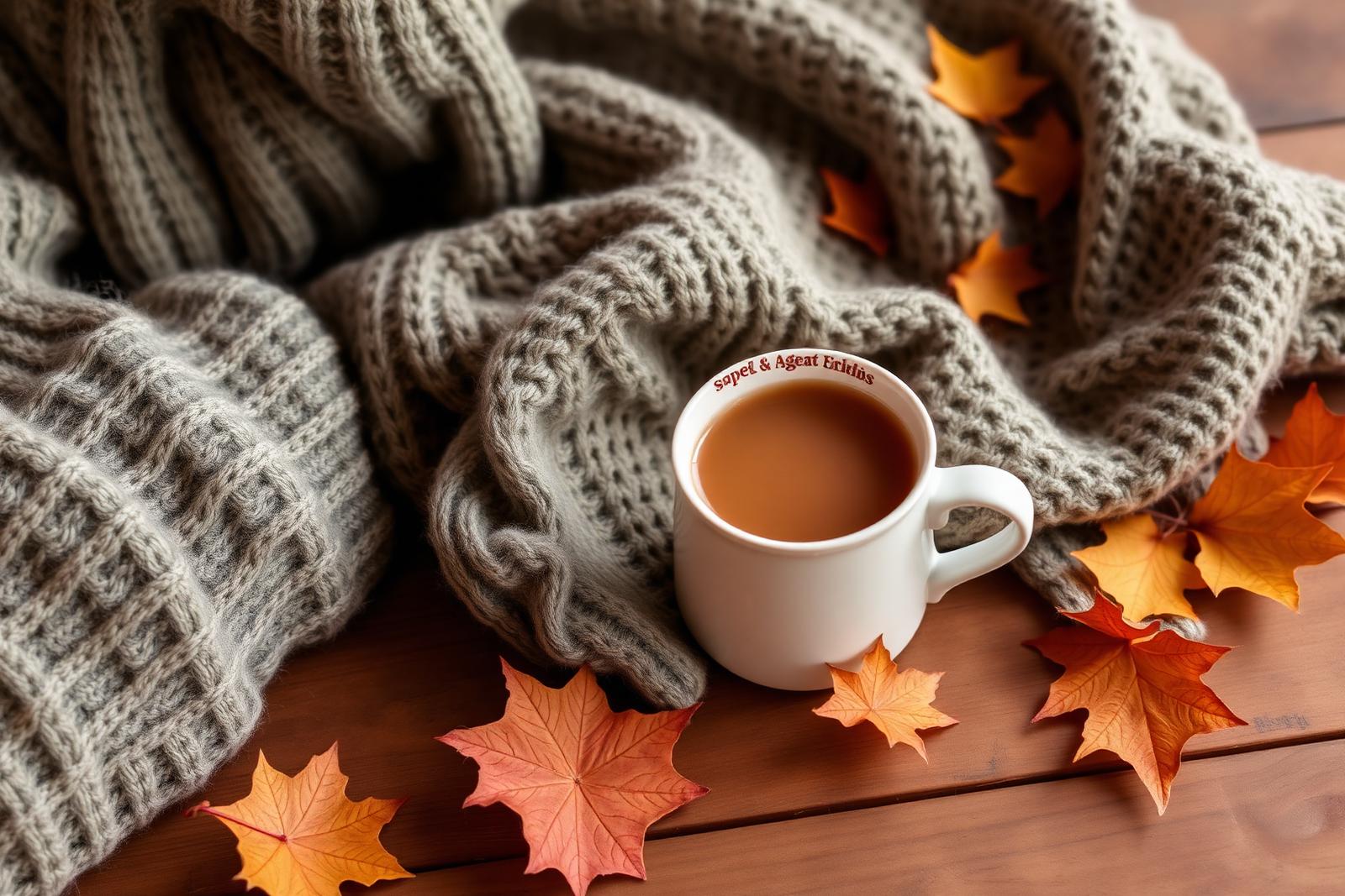 Cozy knit sweater, warm mug, and autumn leaves on a wooden table